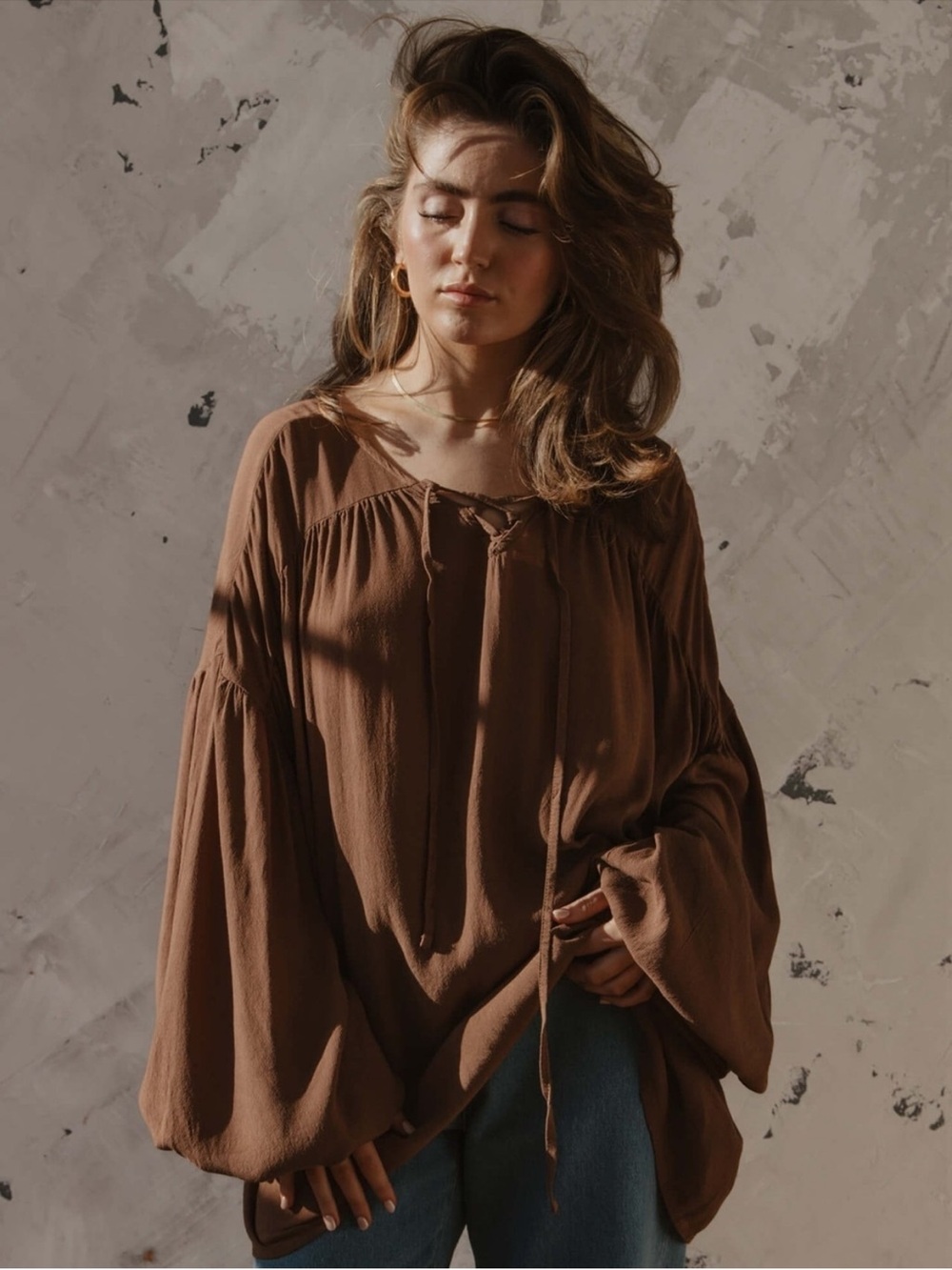 The Simple Folk Boheme Top Relaxed Brown V-Neck Swing Tunic Peasant Top Brown